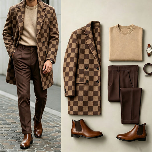 Men's Brown Three-Piece Set: Mid-Length Wool Coat, Crew-Neck Sweater, and Flowy Dress Pants