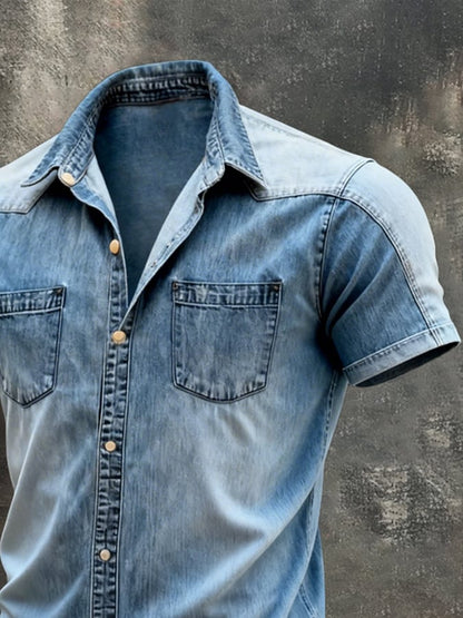 Men's Retro Color Block Denim Short-Sleeve Shirt