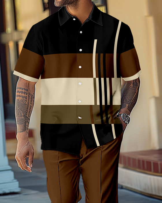 Men's Retro Colorblock Short Sleeve Shirt Walking Suit 1574