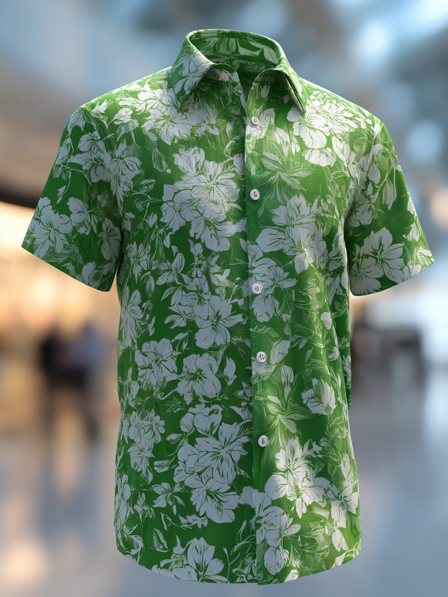 Men's Business Retro Green Floral Lapel Short Sleeve Shirt
