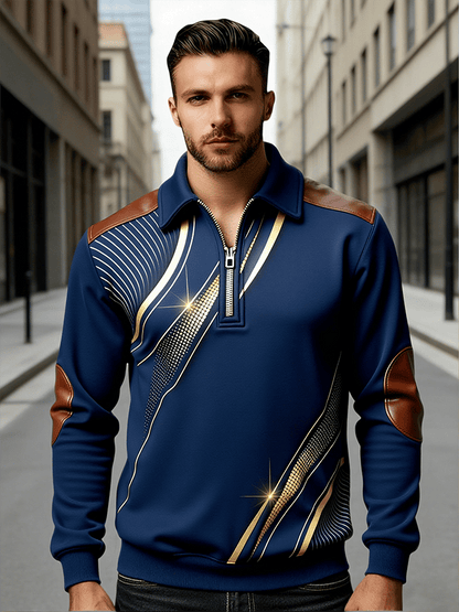 Men's Retro Color Block Print Color-Blocked Zip-Up Sweatshirt