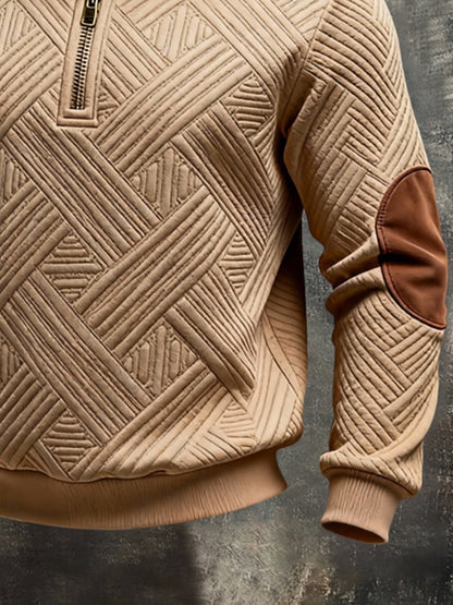 Men'S Vintage-Style Textured Patchwork Color-Block Long-Sleeved Sweatshirt