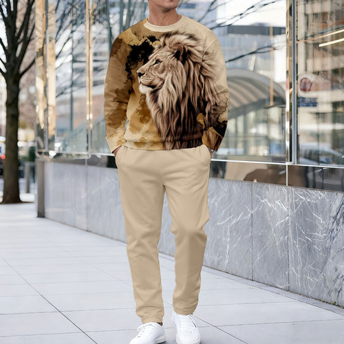 Men's Casual Lion Printed Round Neck Long-Sleeve Sweatshirt & Pants Two-Piece Set