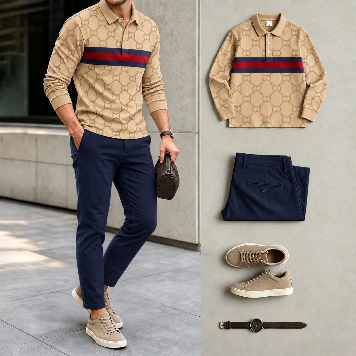 Men's Printed Polo Shirt and Pants Set