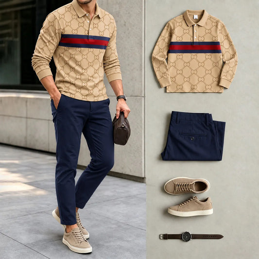 Men's Printed Polo Shirt and Pants Set
