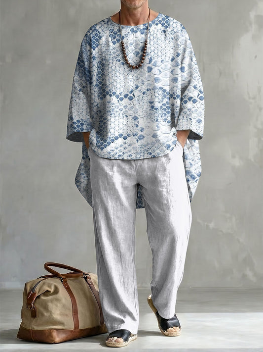 Serpentine Decorative Pattern Long Sleeve Cotton Linen Top And Pants Two Piece Set