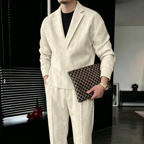 Men's Beige V-Neck Sweatshirt and Pants Set