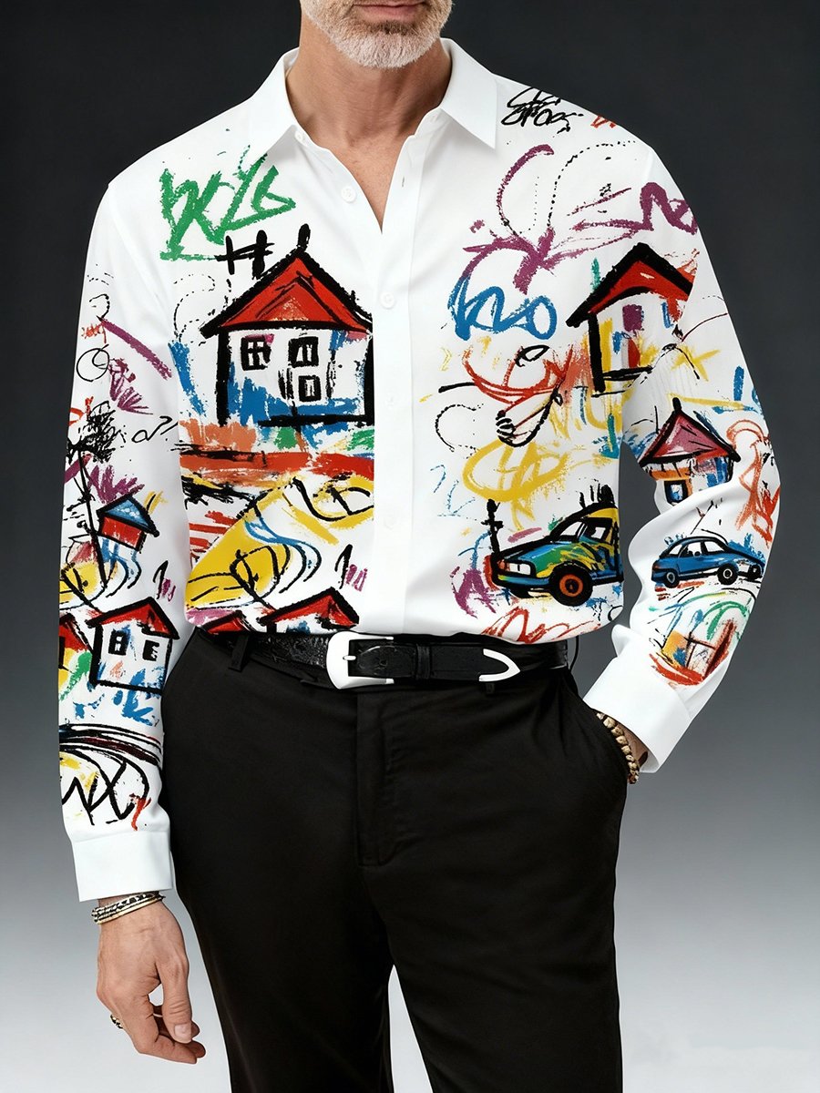 Men's Art Graffiti Print Long-Sleeve Shirt