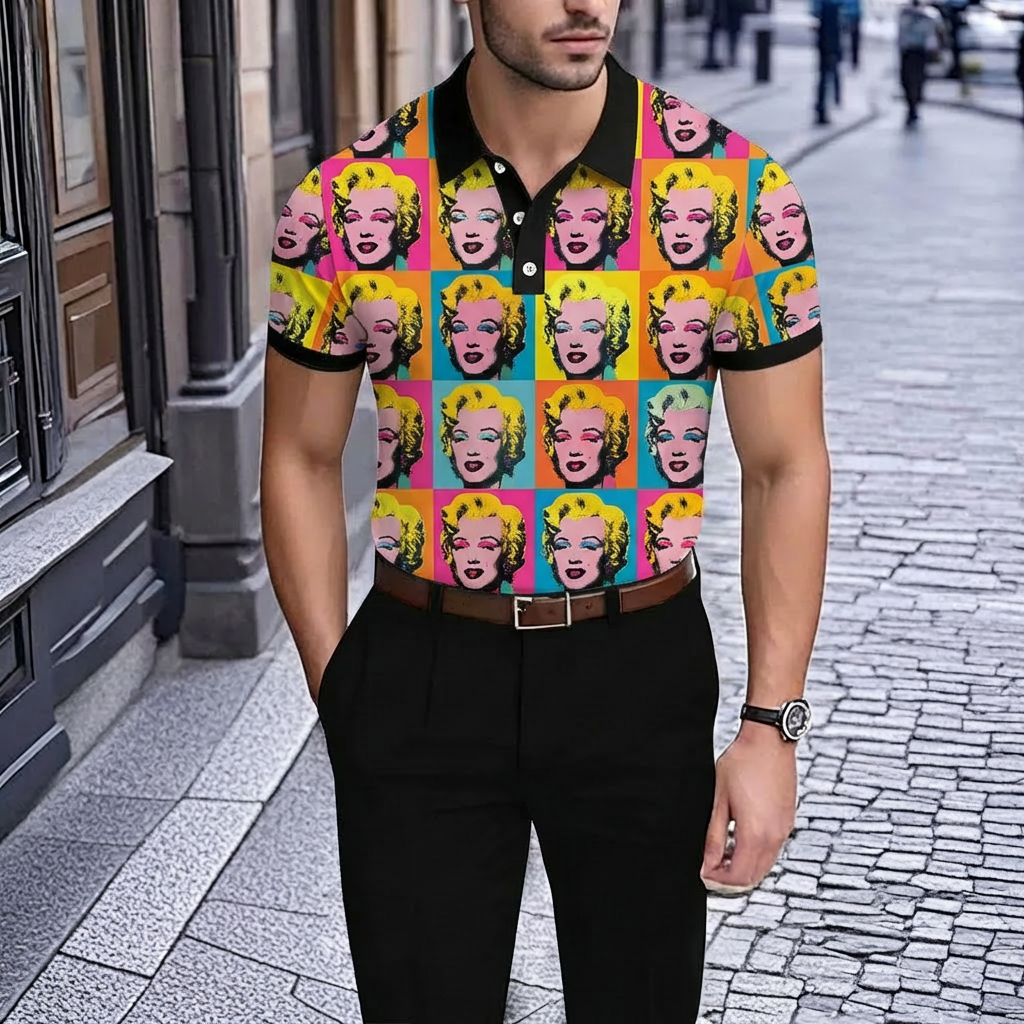 Men's Casual Colorful Character Print Short-Sleeve Polo Shirt
