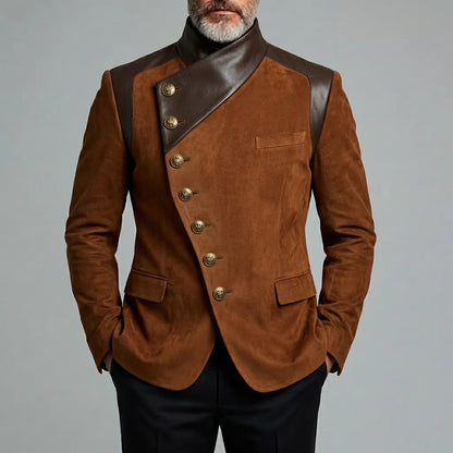 Men's Vintage Asymmetric Oblique Button PU Leather Contrast Spliced Suede Stand Collar Long Sleeve Jacket