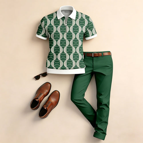 Men's Casual Checkered Patchwork Print Short-Sleeve Polo Shirt And Pants Two-Piece Set
