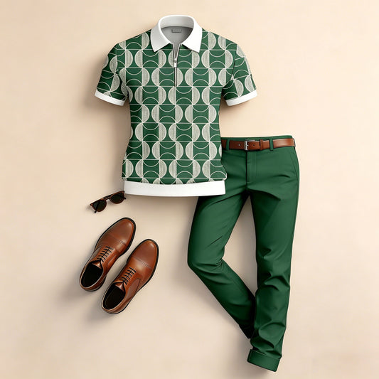 Men's Casual Checkered Patchwork Print Short-Sleeve Polo Shirt And Pants Two-Piece Set