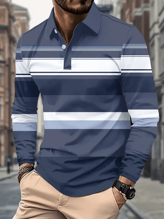 Men's Retro Business Stripe Print Long Sleeve Polo Shirt