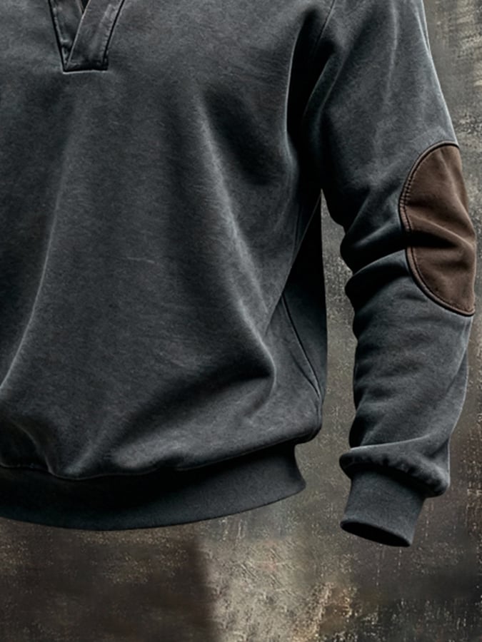 Men'S Vintage Pure Cotton Washed And Distressed Patchwork Color-Block Long-Sleeved Sweatshirt