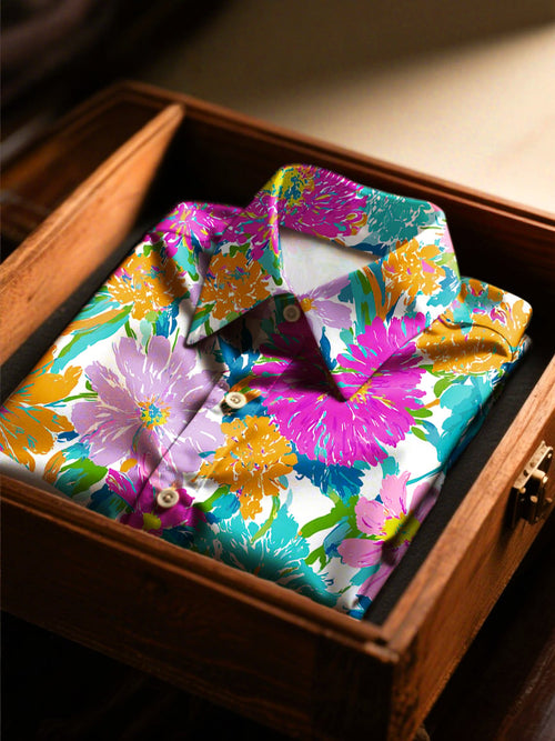 Men's Satin Floral Luxury Long Sleeve Button-Down Shirt