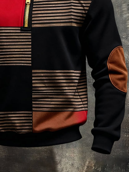 Men'S Vintage Color-Block Printed Zip-Up Sweatshirt