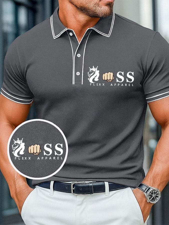 Men's casual, comfortable, and breathable retro letter print polo shirt