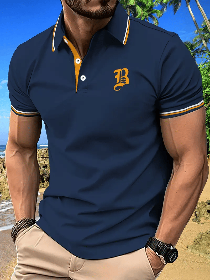 Men's Business Stripe Logo Button-Down Short Sleeve Polo Shirt