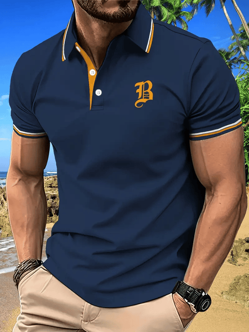 Men's Business Stripe Logo Button-Down Short Sleeve Polo Shirt