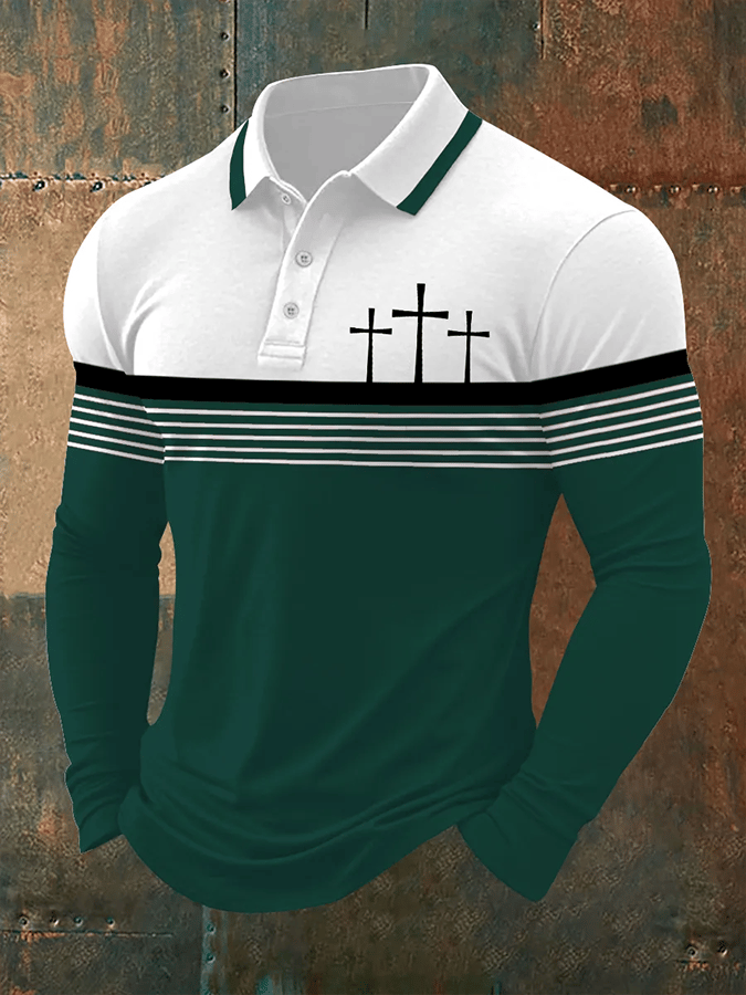 Men's Retro Faith  Casual Printed Long Sleeve Polo Shirt