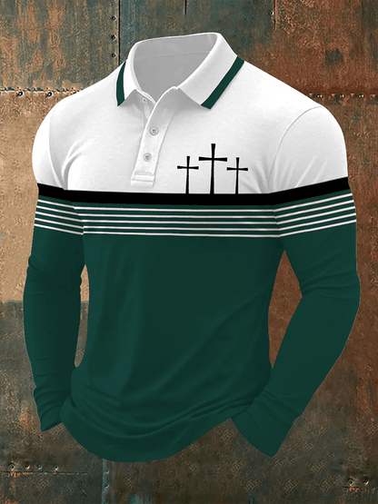 Men's Retro Faith  Casual Printed Long Sleeve Polo Shirt