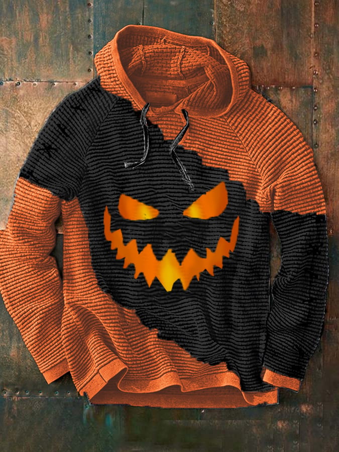 Men's Halloween Face Print Casual Hooded Sweatshirt