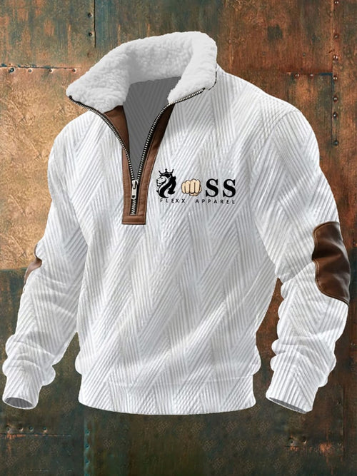 Men's Retro Letter Design Jacquard Fabric Zipper Fur Collar Long-Sleeved Sweatshirt