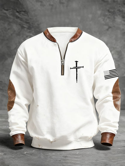 Men's Retro Faith Cross Print Zipper Stand Collar Long Sleeve Sweatshirt