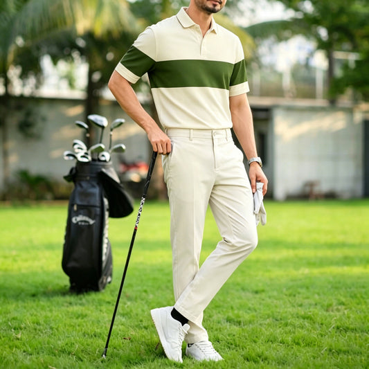 Men's Casual Dark Green Geometric Printed Polo Shirt And Pants Two-Piece Set