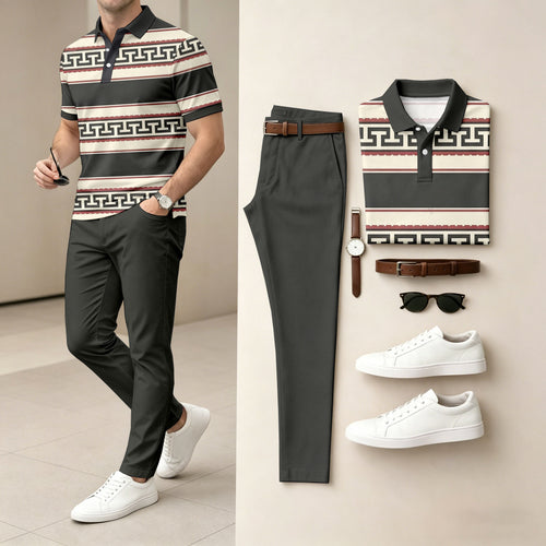Men's Casual Printed Polo Shirt And Pants Two-Piece Set