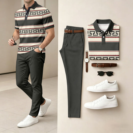 Men's Casual Printed Polo Shirt And Pants Two-Piece Set