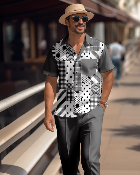 Men's retro colorblock short-sleeved shirt walking Suit 1668