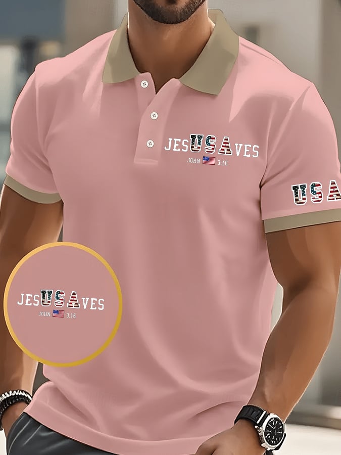 Men's Vintage USA Jesus Saves Printed POLO Shirt