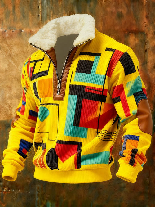 Men's Retro Geometric Quarter Zip Fleece Neck Sweatshirt