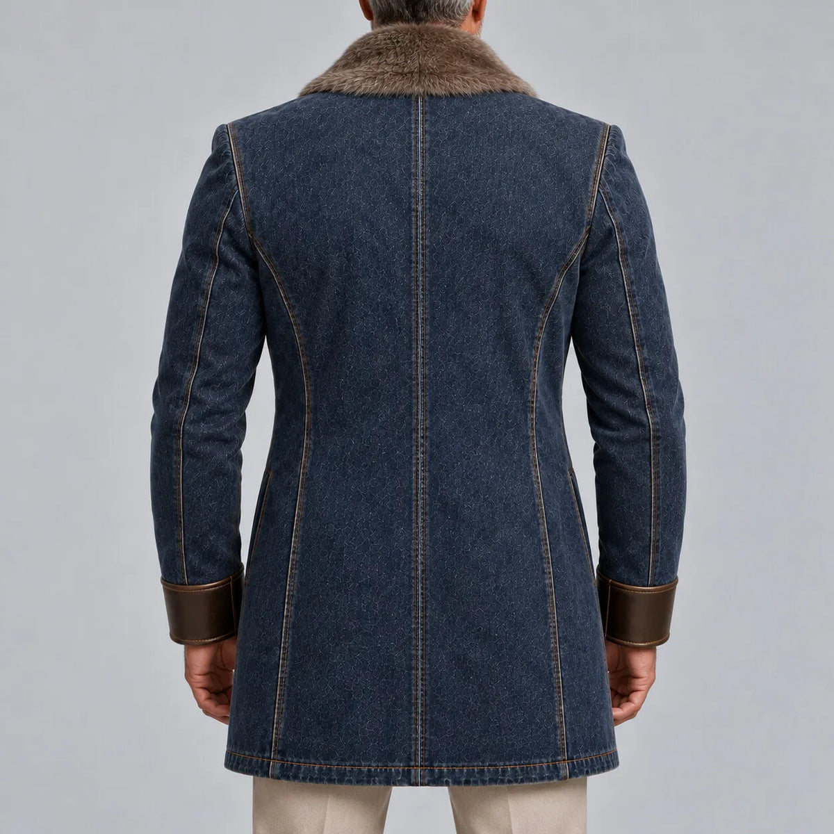 Men's Vintage Navy Blue Denim PU Leather Trim Fuzzy Collar Gold Button Trench Coat