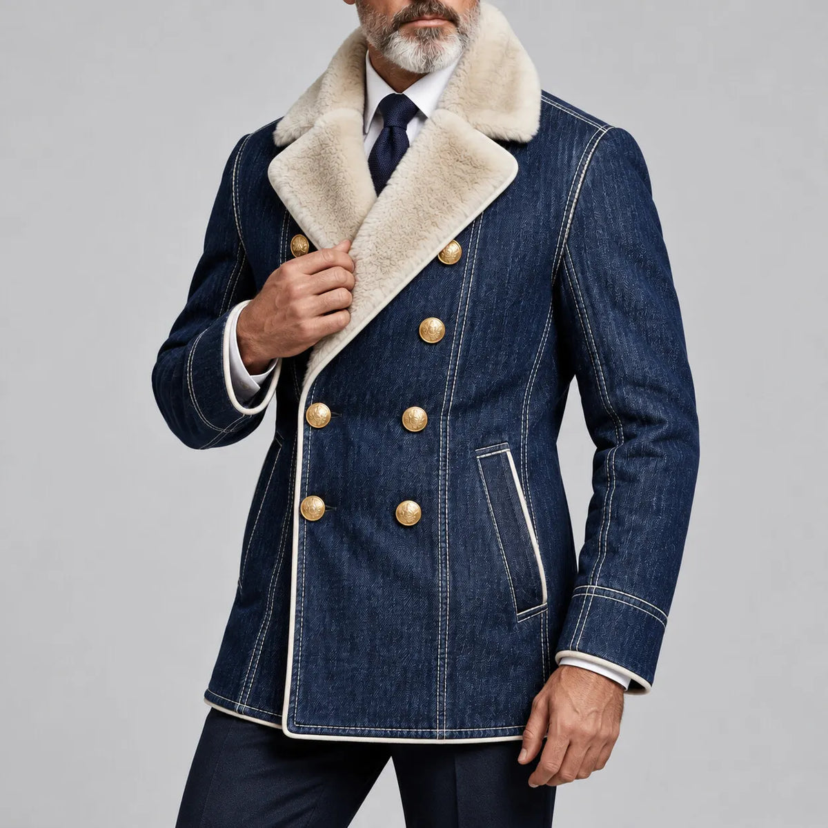 Men's Navy Blue Contrast Fuzzy Collar Topstitching Double-Breasted Denim Blazer