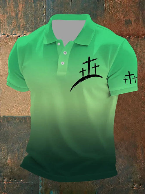 Men's short-sleeved faith cross print button-down gradient POLO shirt