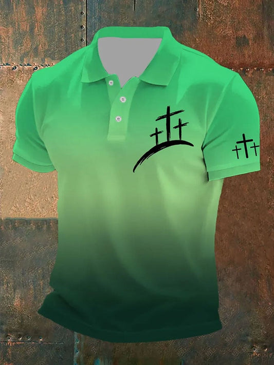 Men's short-sleeved faith cross print button-down gradient POLO shirt