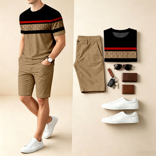 Men's Casual Round-Neck Short-Sleeve T-Shirt With Chest Strap And Shorts Two-Piece Set