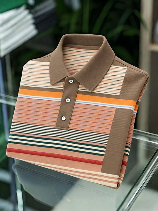 Men's Vintage Business Striped Long Sleeve Polo Shirt