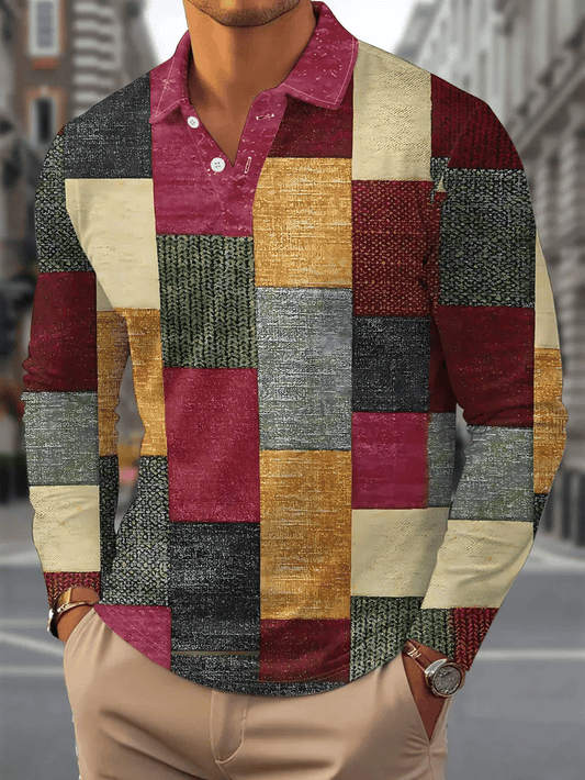 Men's Retro Business Stripe Print Long Sleeve Polo Shirt