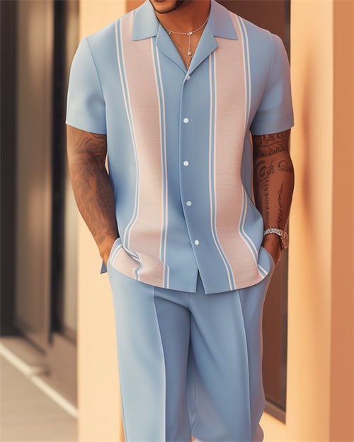 Men's Retro Vertical Striped Short Sleeve Shirt Walking Suit 1588