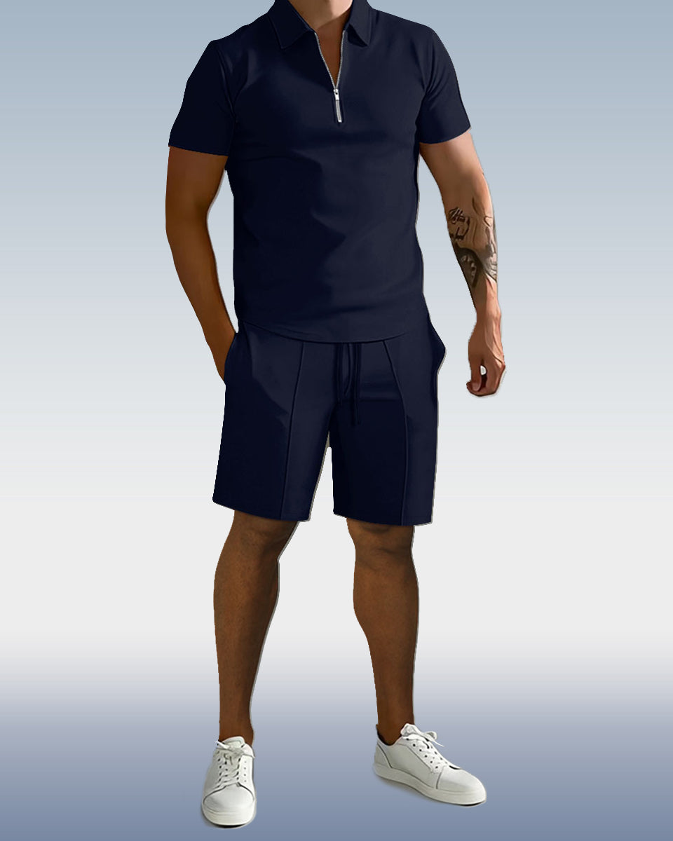 Suitmens Men'sPlain Zipper POLO Short Sleeve Set 0095