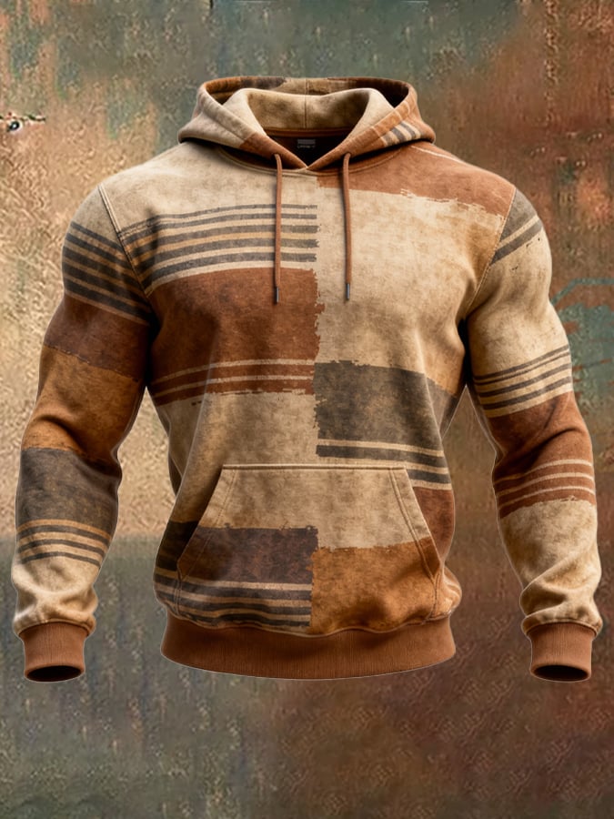 Men's Retro Distressed Color Block Print Casual Long Sleeve Sweatshirt