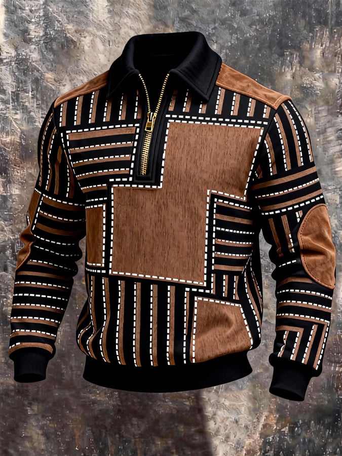 Men's Retro Color Block Print Color-Blocked Zip-Up Sweatshirt