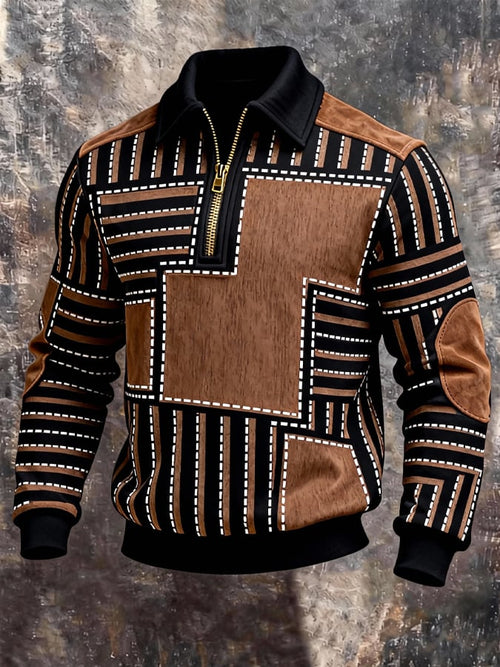 Men's Retro Color Block Print Color-Blocked Zip-Up Sweatshirt