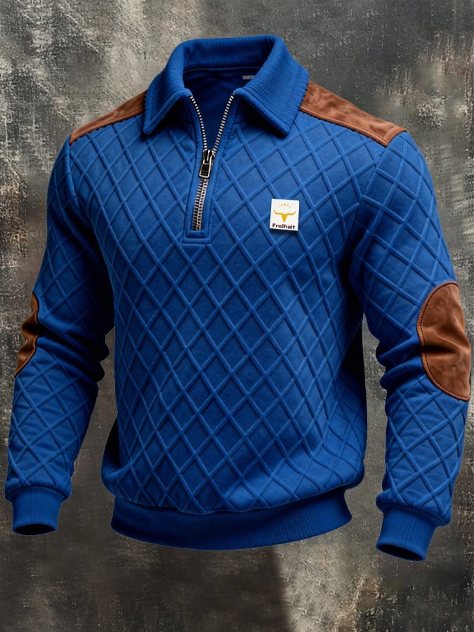 Men's Retro Jacquard Textured Patchwork Comfortable Color-Blocked Zip-Up Sweatshirt