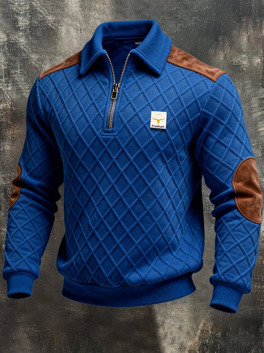 Men's Retro Jacquard Textured Patchwork Comfortable Color-Blocked Zip-Up Sweatshirt