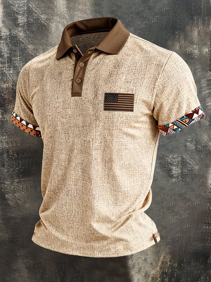 Men'S Retro Color-Block "Patriot" Polo-Collar Casual Cotton-Linen T-Shirt