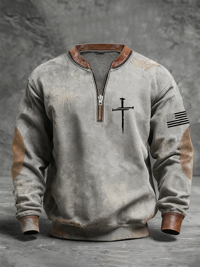 Men's Retro Faith Cross Print Zipper Stand Collar Long Sleeve Sweatshirt